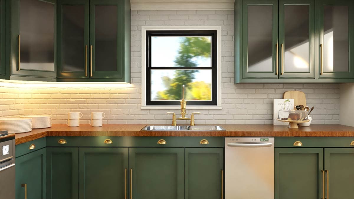 Kitchen rendering with dark green cabinets, wood countertops, stainless steel sink, and double-hung window.