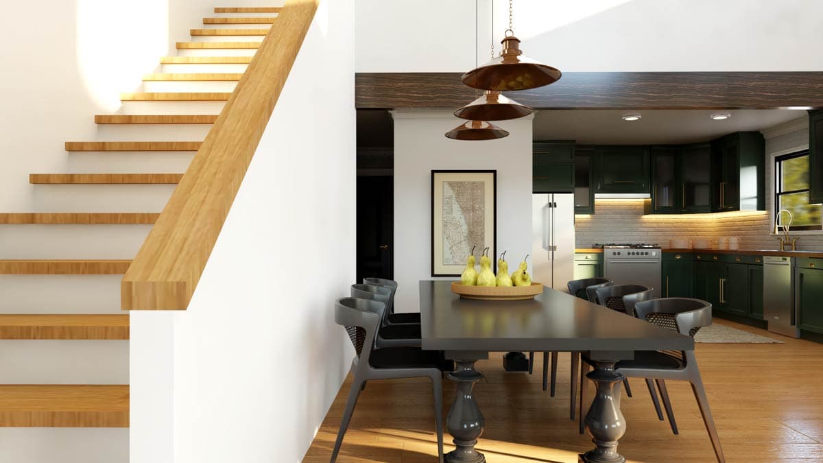 Interior rendering showing a dining area with a dark table and chairs adjacent to a kitchen with green cabinetry and stainless steel appliances.