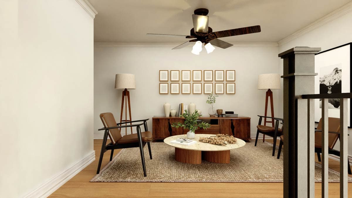 Interior rendering of a living room with wood floors, a wooden credenza, round coffee table, two chairs, and a ceiling fan.