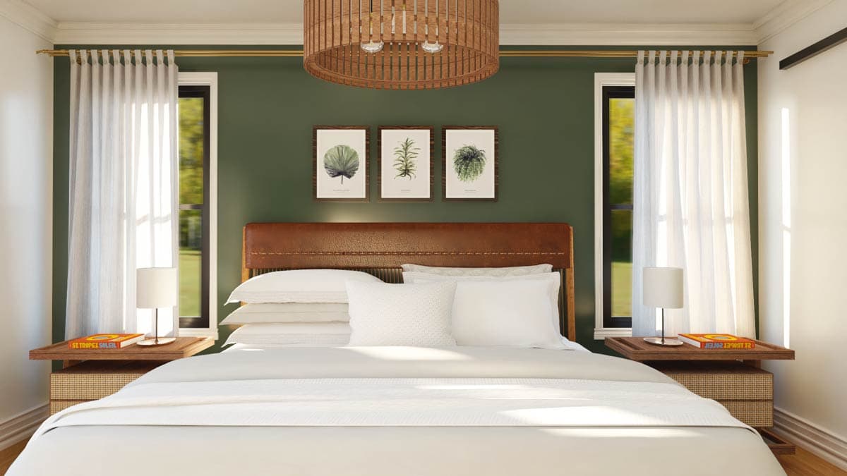 Bedroom rendering with upholstered headboard, botanical art, bedside tables, lamps, sheer curtains, and wood drum pendant light.
