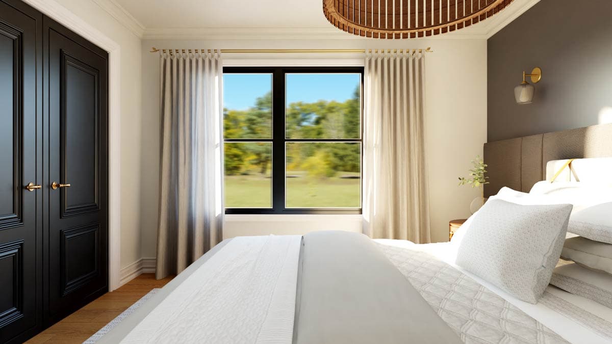 Bedroom rendering with paneled black doors, large window overlooking trees, and a bed with textured pillows.