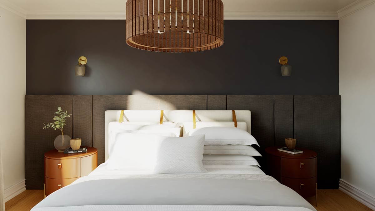 Bedroom rendering with upholstered headboard, two nightstands, and a wood drum pendant light.