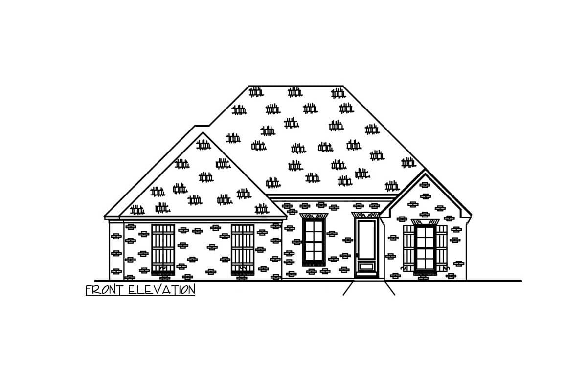 Front elevation drawing of a one-story house plan with brick pattern, multiple gables, and a central entry.