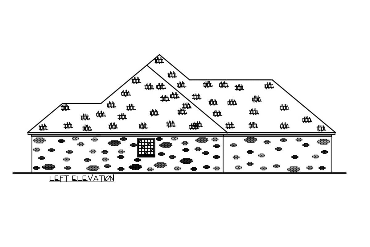 Left elevation house plan drawing showing a single-story structure with a multi-pitched roof and stone exterior.