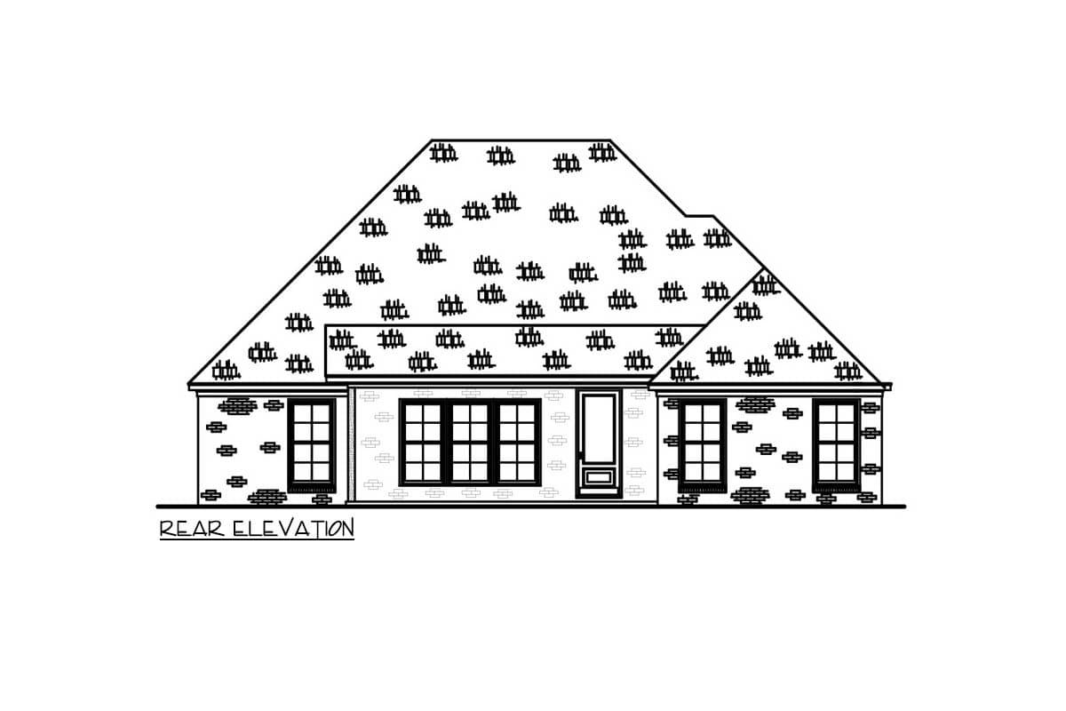 Rear elevation drawing of a house plan featuring a complex hip roofline, brick facade, and multiple windows.