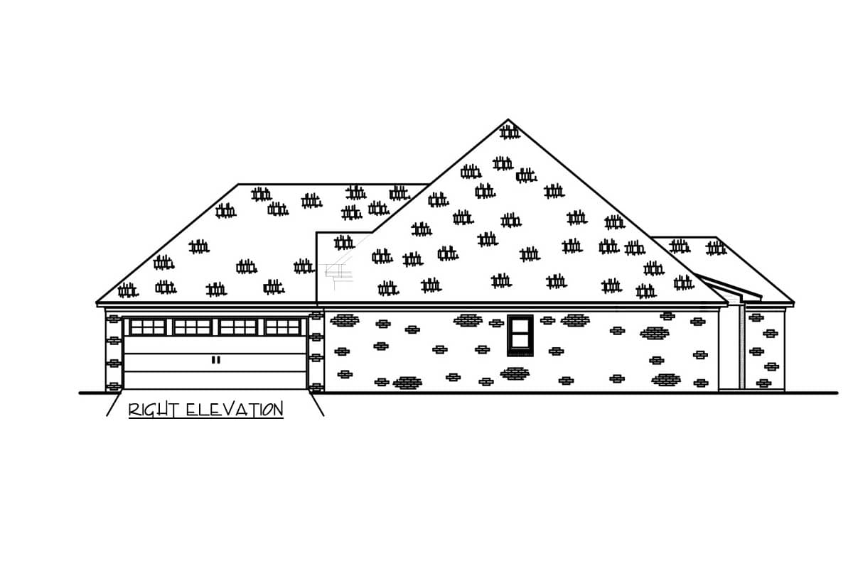 Right elevation house plan showing a garage, single story, and varied roofline with stonework.