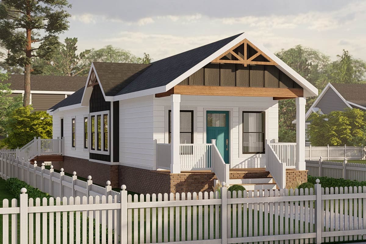 House plan exterior with Craftsman-style elements. Features include a front porch, gables, and a single-story design. Includes a picket fence.