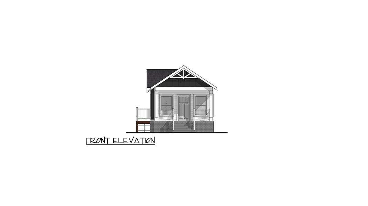 Front elevation drawing of a one-story house with a covered front porch, gabled roof, and symmetrical window placement.