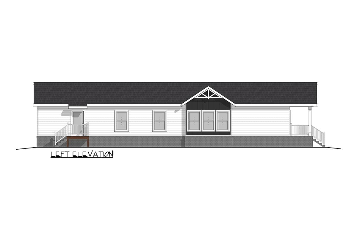 Left elevation of a one-story house plan with a porch, gabled dormer, and vinyl siding.