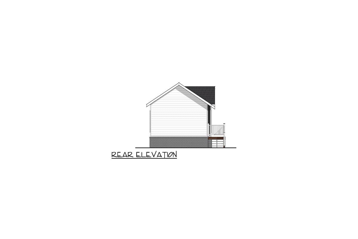 Rear elevation drawing of a house plan showing a gabled roof, horizontal siding, brick foundation, and a rear deck with stairs.