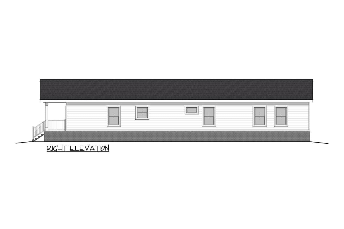 Right elevation drawing of a single-story house with a covered porch, vinyl siding, and five windows.