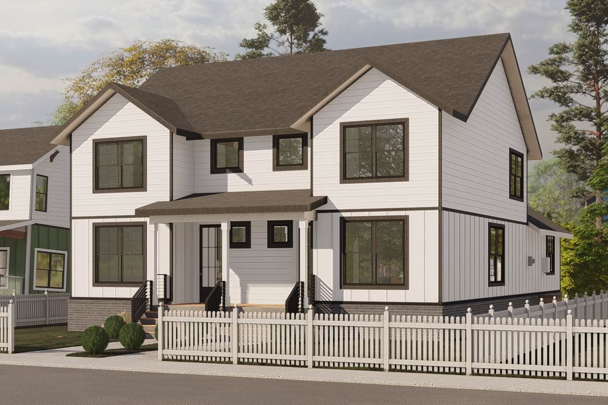 House plan exterior. Two-story Modern Farmhouse with gabled roof, covered porch, and horizontal siding. Features black window frames and trim.