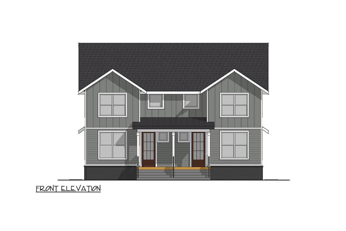 Front elevation drawing of a two-story house with gables, a covered porch, and multiple windows.