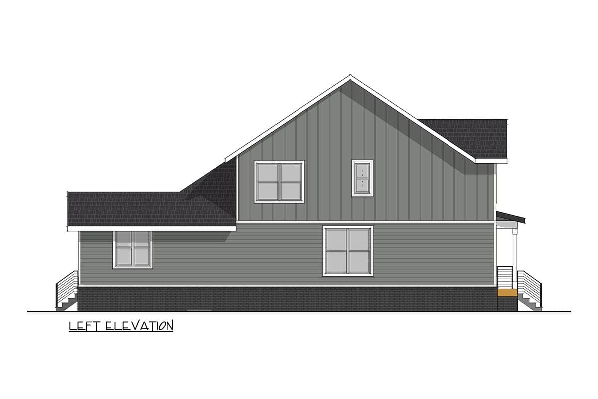 House plan left elevation showing a two-story structure with a gable roof, horizontal siding, and prominent windows.