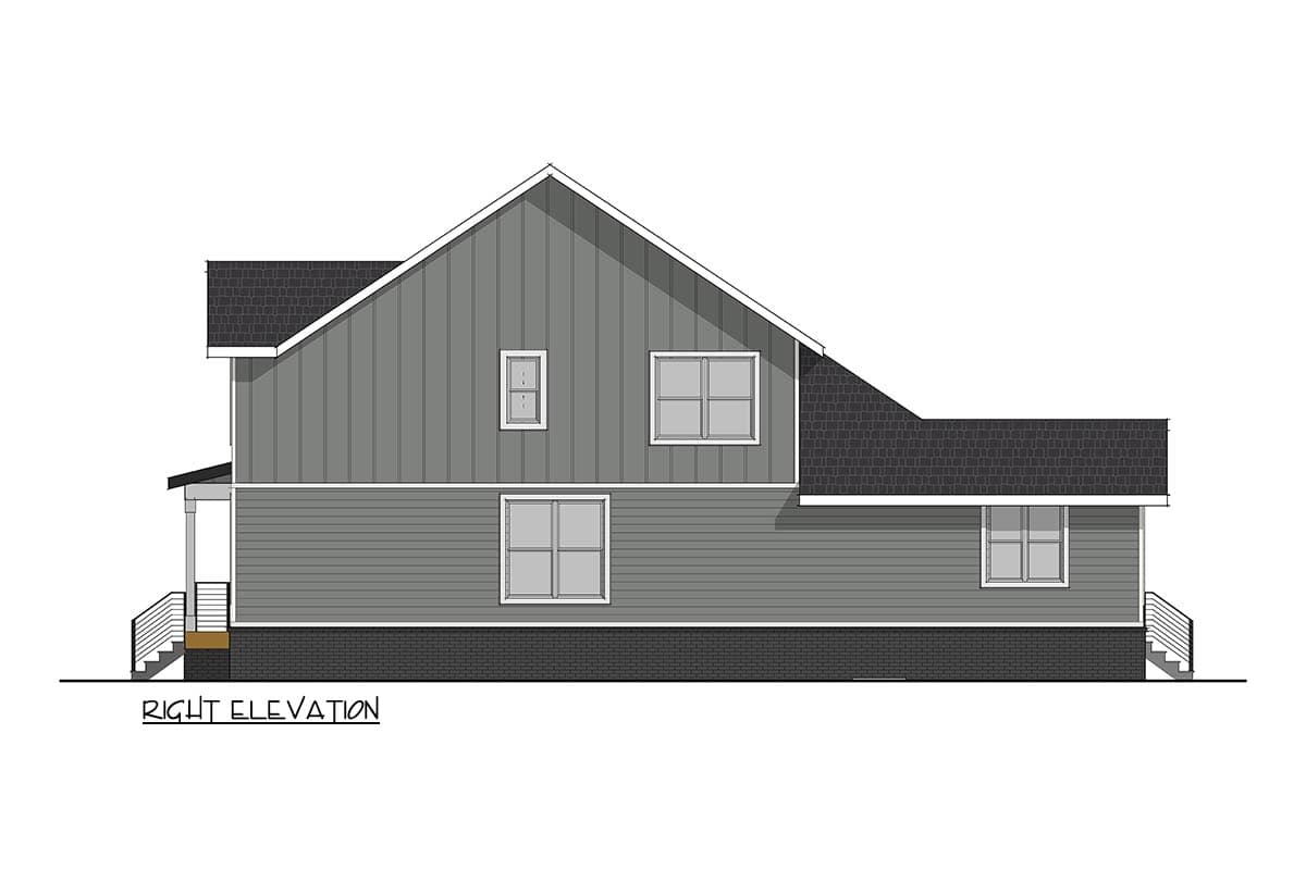 Right elevation house plan with a gable roof, vertical siding, and multiple windows.