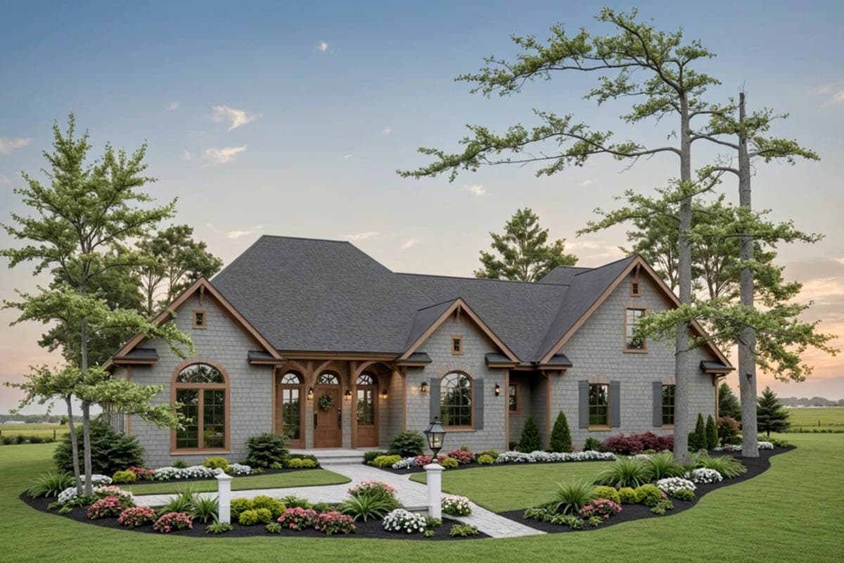 House plan exterior. Craftsman style, one-story home with gabled roof, arched windows, and a covered porch with wooden supports.