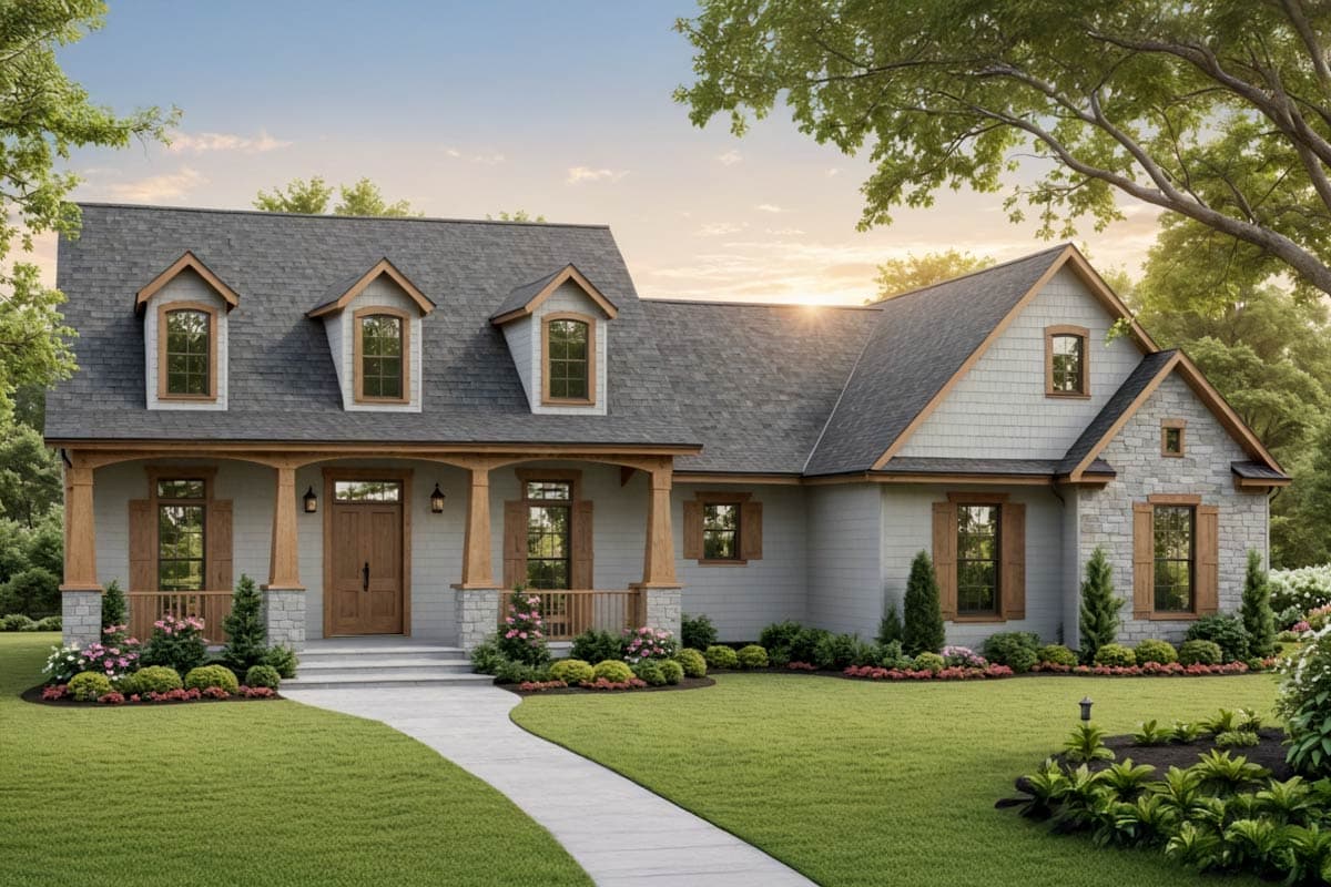 House plan exterior. Two-story Craftsman home with a front porch, gabled roof, dormers, and stone accents.