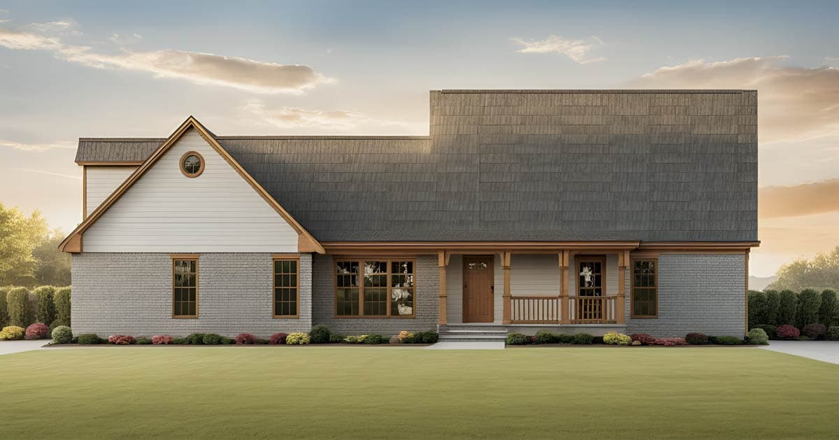 House plan exterior with gable, dormer, covered porch, and brick and siding facade.