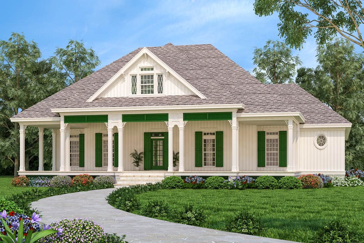 House plan exterior. Two-story home with a porch supported by columns, gabled roof, and decorative shutters. Landscaped front yard with walkway.