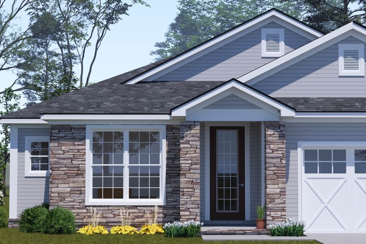 House plan exterior with stone accents, gable dormers, a covered entry with a glass-paneled door, and a two-car garage.