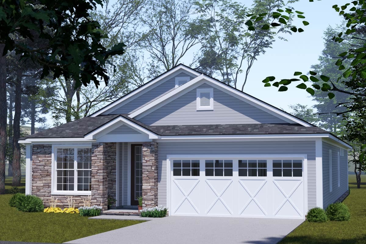 Ranch house plan exterior with stone accents, a covered entry, gabled dormers, and a three-car garage.