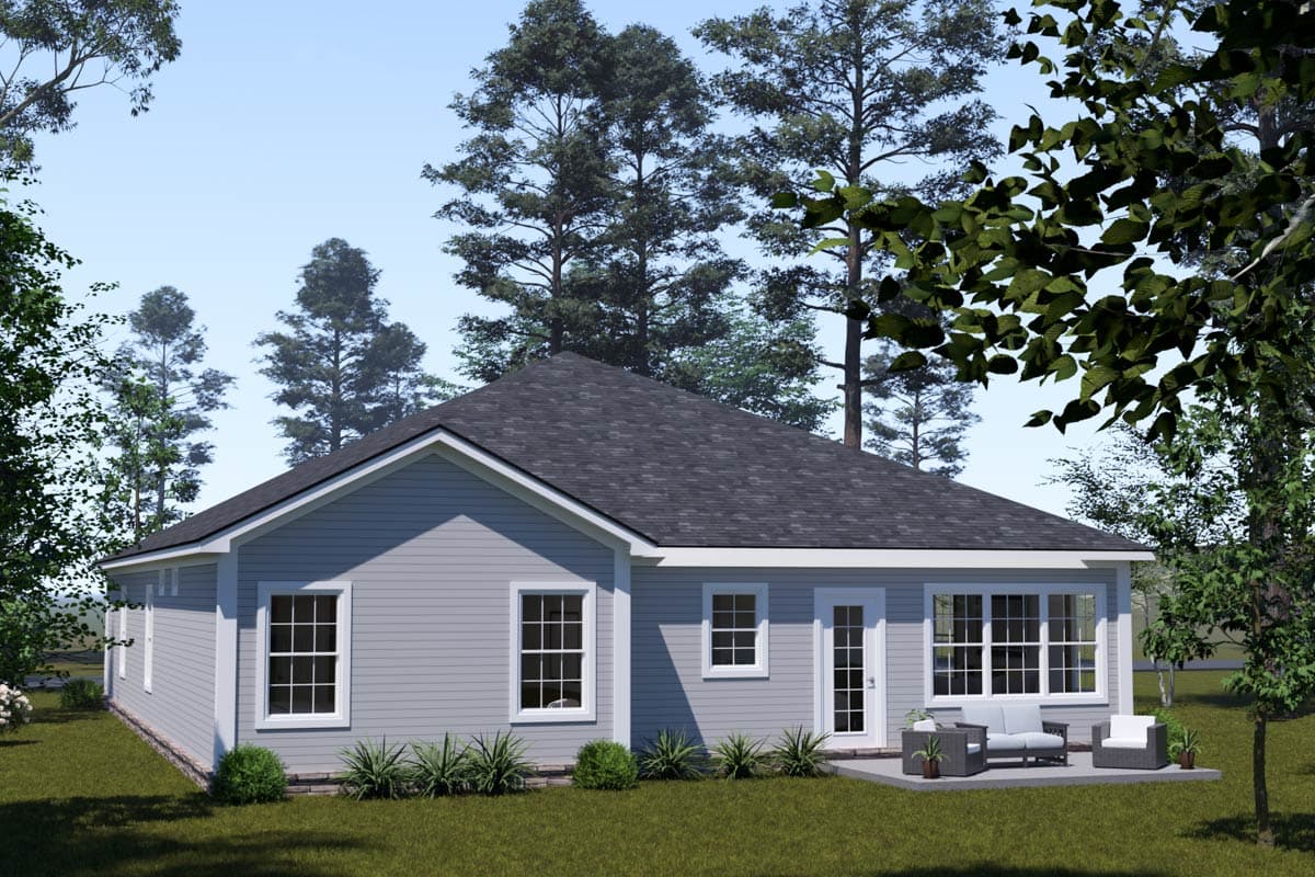 House plan exterior: one-story Modern Farmhouse with vinyl siding, gable roof, and large rear windows.