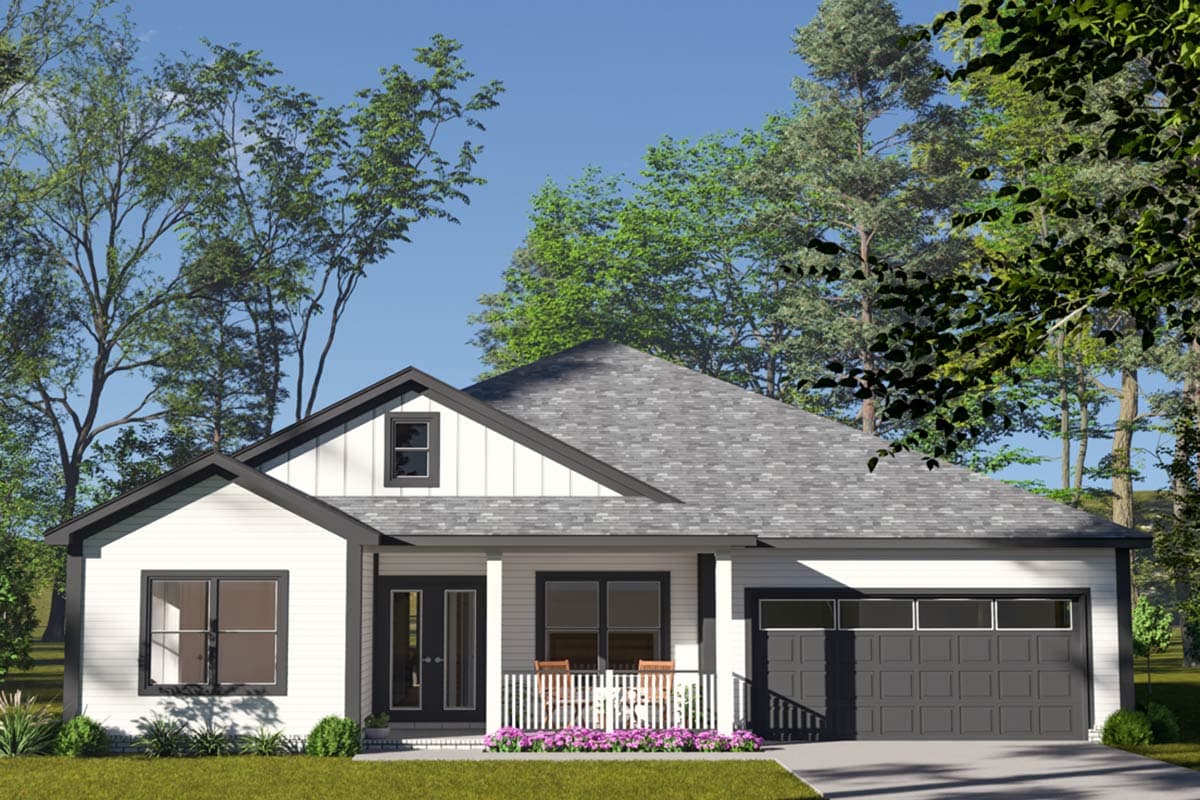 House plan exterior. One-story Modern Farmhouse with a gabled roof, a porch with white picket railing, and a two-car garage.