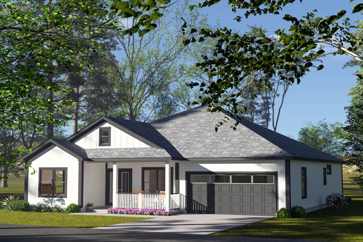 House plan exterior: single-story Modern Farmhouse with a covered front porch, gabled dormer, and attached garage.