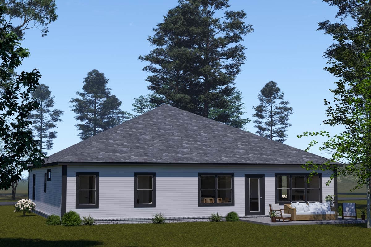House plan exterior, single-story home with a prominent gable roof, horizontal siding, and multiple windows.