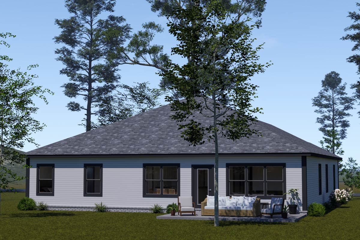 House plan exterior, one story, wide eaves, centered glass door with adjacent windows, and gable roof.