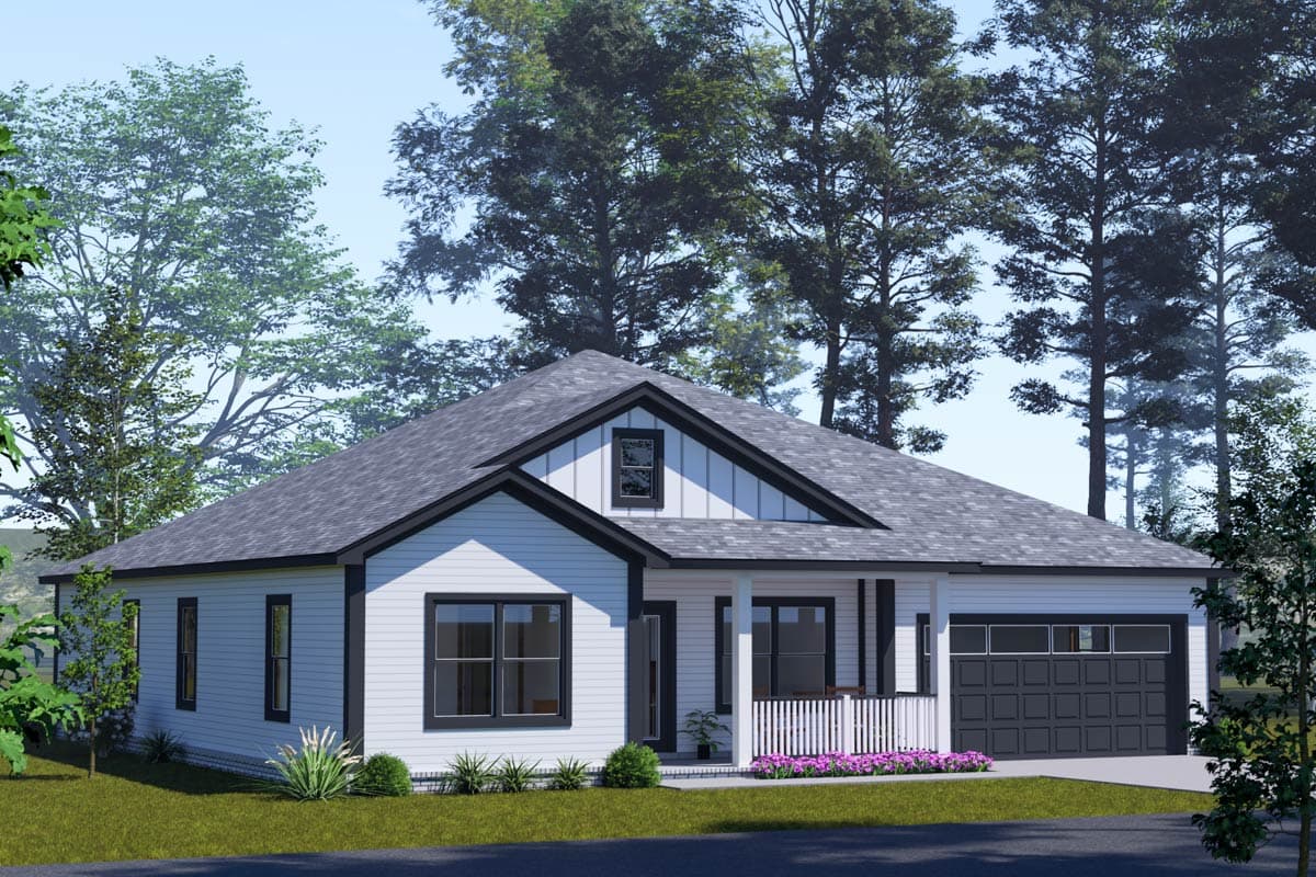 House plan exterior: Ranch style, one story, with a covered porch, front-facing gable, and attached garage.