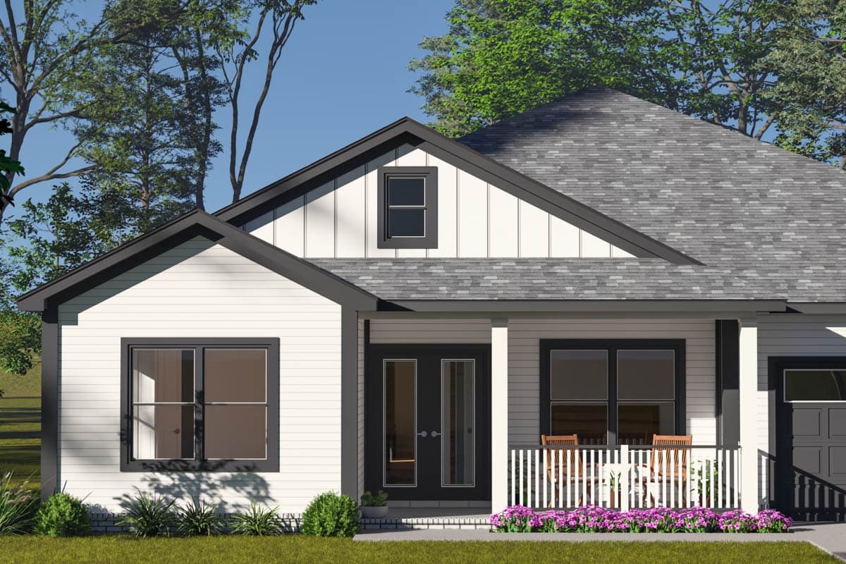Modern Farmhouse house plan exterior with a gabled roof, board and batten siding, and a covered front porch with white railing.