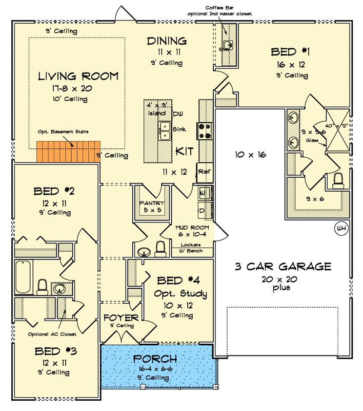 Plan 52457WM: Country House Plan with 4 Beds, 3-Car Garage & Butler Pantry - Floor Plan - Main Level - Country, Craftsman, Modern Farmhouse
