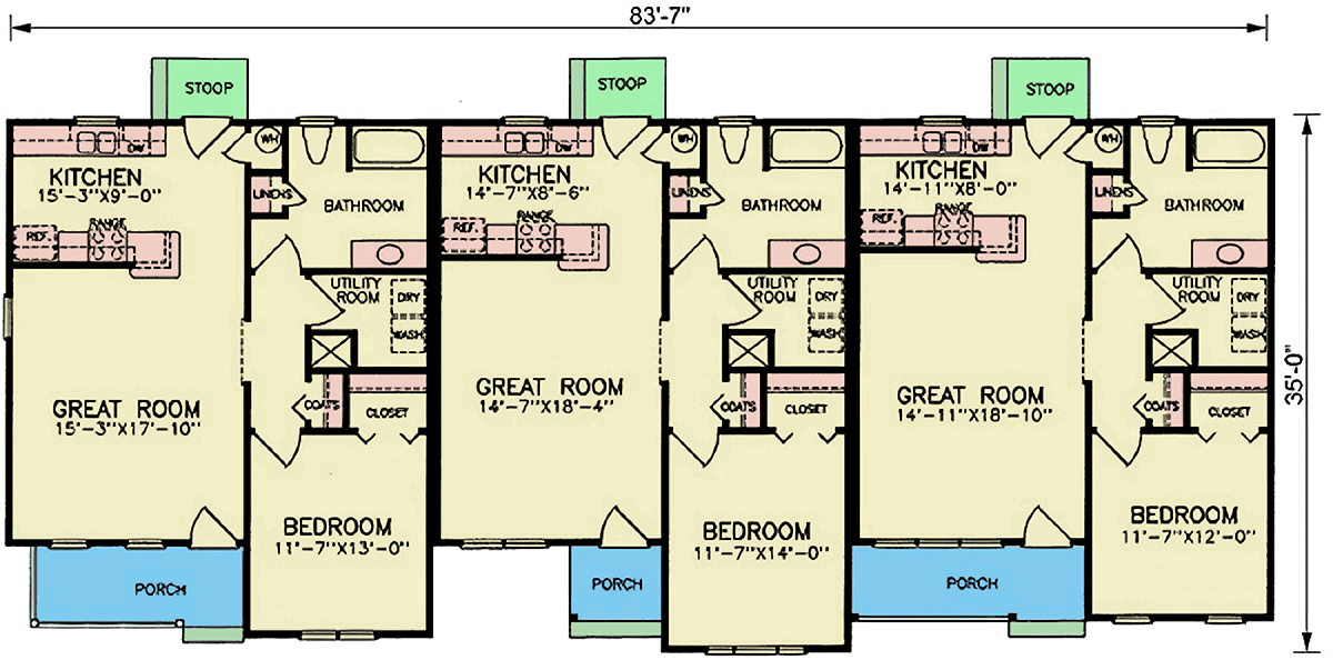 Plan 25929GE: Traditional Ranch Triplex House Plan with Three Private Units - Floor Plan - Main Level - Ranch, Traditional