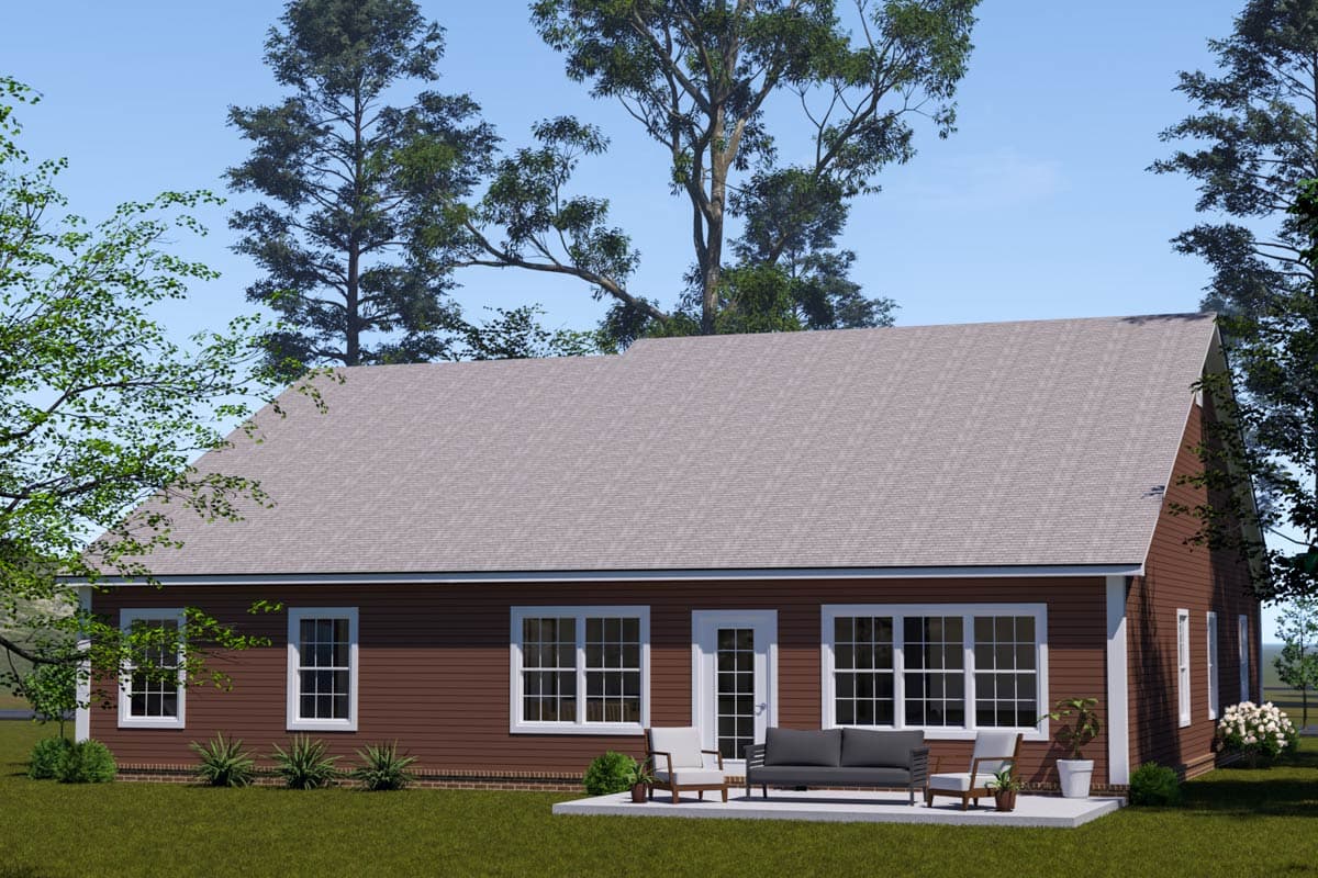 Ranch style house plan exterior with a single story, brown siding, and a large gable roof.
