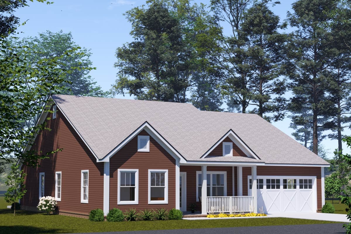 House plan exterior of a one-story home with a covered front porch, gables, dormers, and an attached garage.
