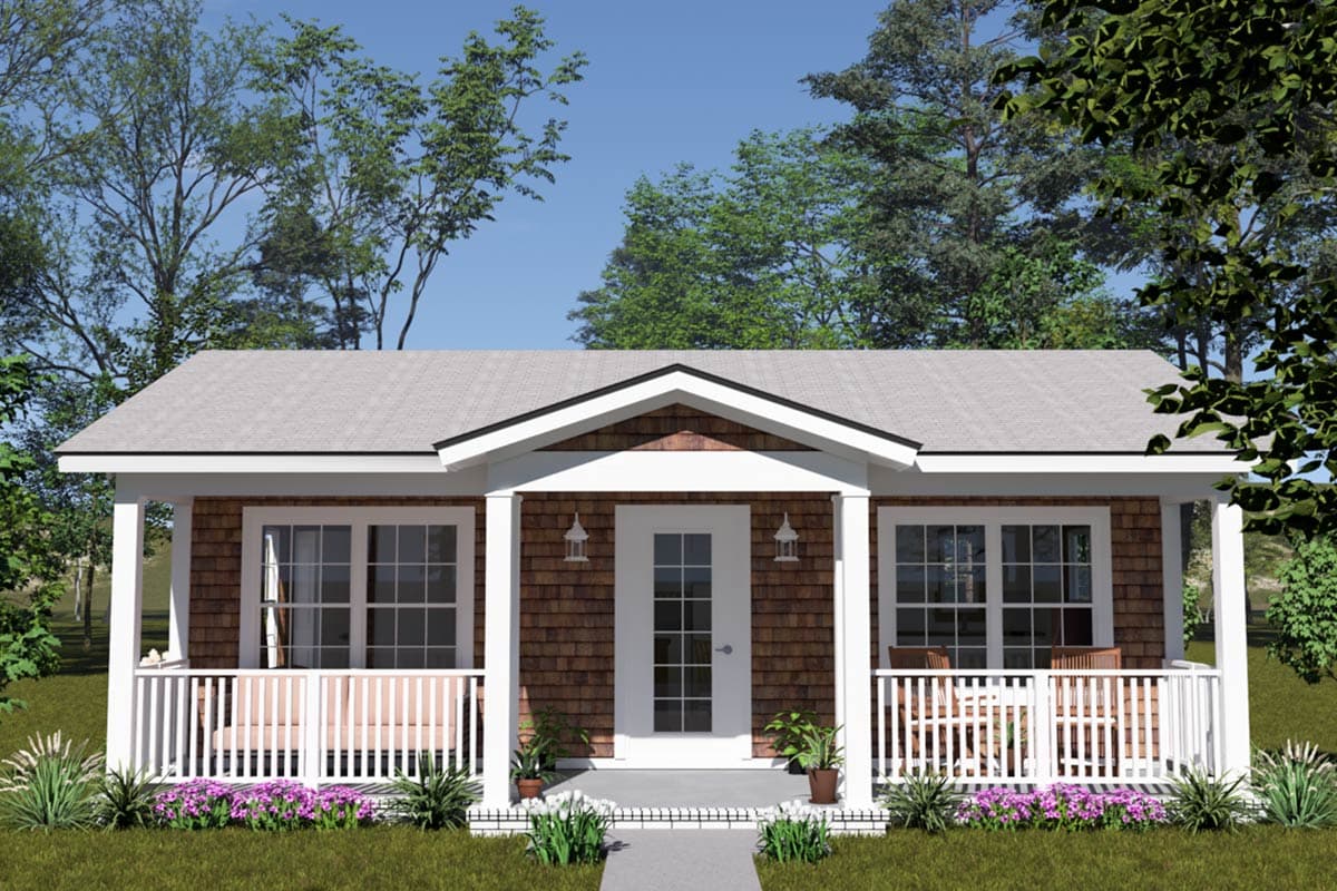 House plan exterior featuring a one-story, cottage-style design. Key features include a front porch, gabled roof, and wood shingle siding.