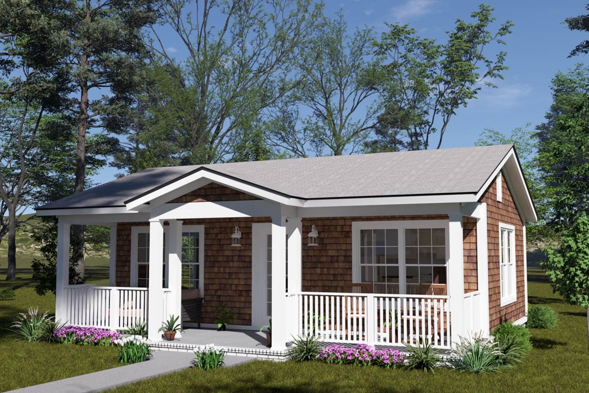 House plan exterior: single-story home with cedar shingles, gabled roof, and a wraparound porch with white railings.