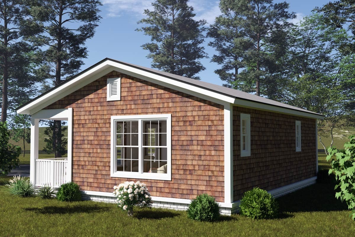 House plan exterior, one-story, cedar shake siding, front porch with white railing, gable vent, and multiple windows.