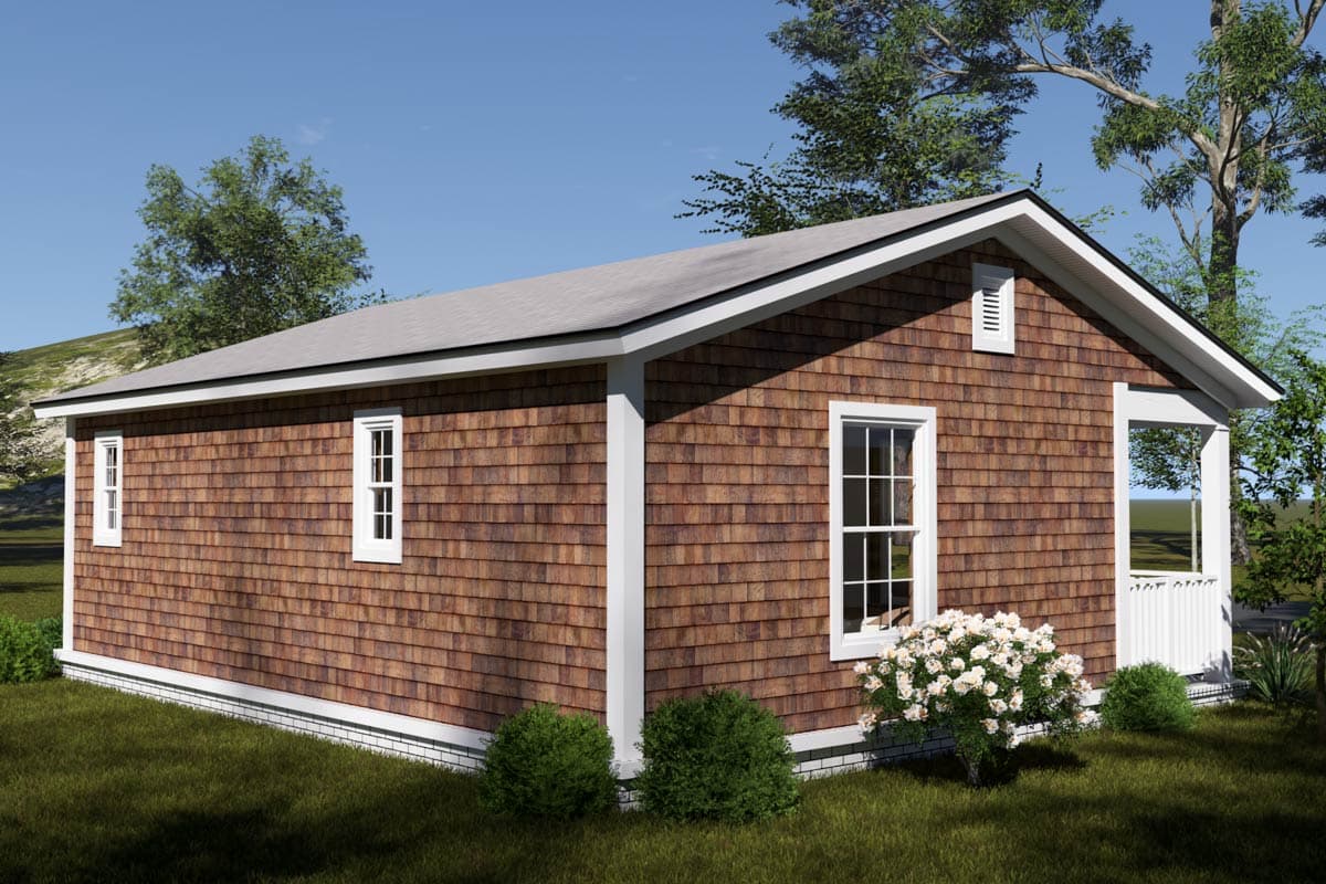 House plan exterior: single-story home with shingle siding, gabled roof, and a small covered porch.