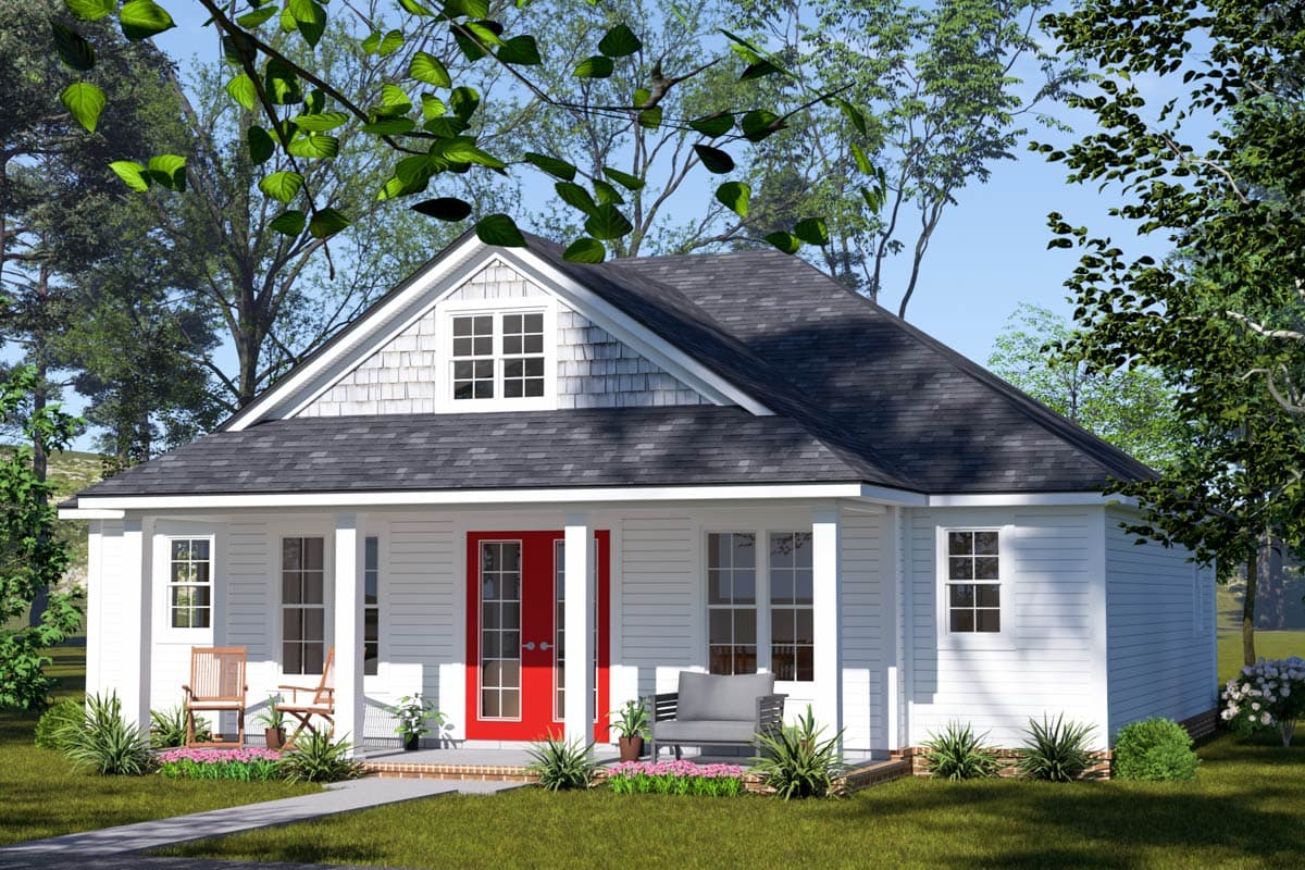 House plan exterior: One-story Modern Farmhouse with gable dormer, shingle siding, and covered front porch with red double doors.