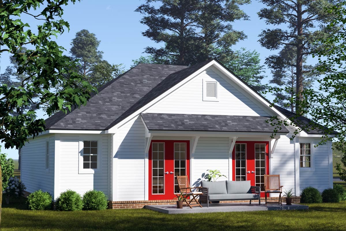House plan exterior: single-story white home with gray roof, two red double doors, and prominent gables.