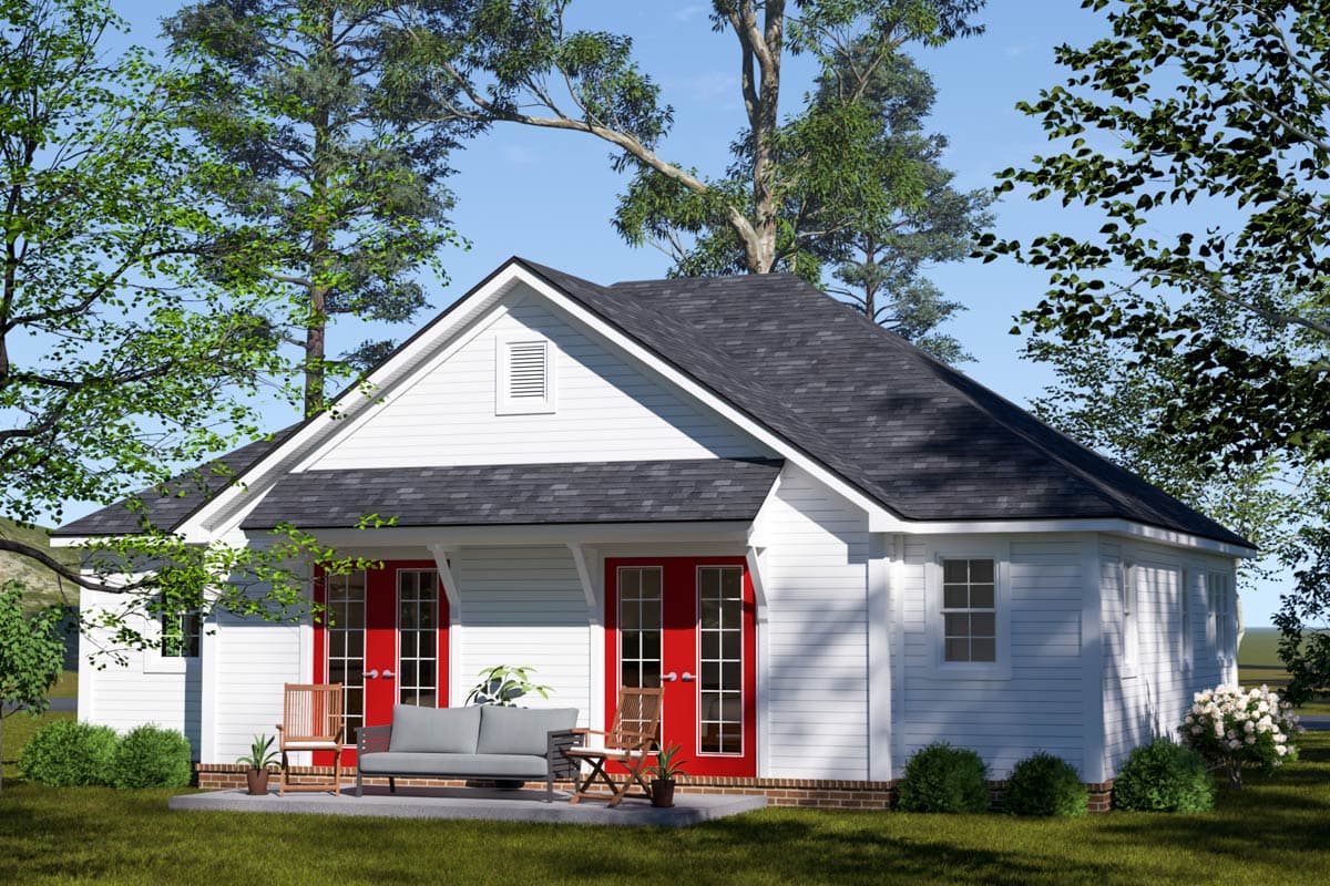 House plan exterior: a one-story white cottage with a gable, twin red-paneled doors, and a shallow covered porch.