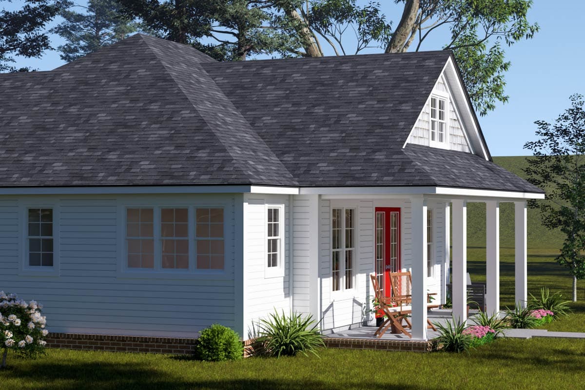 House plan exterior: white siding, gabled dormer with window, covered porch with red door and white columns.