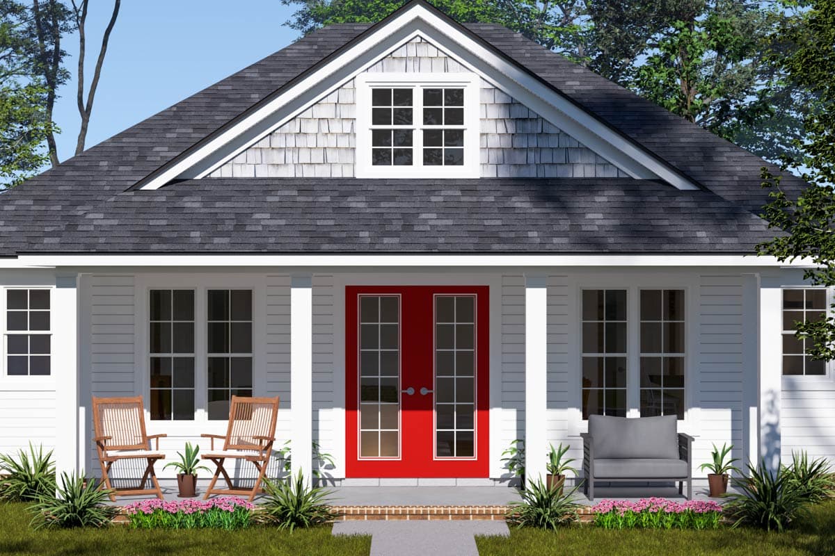 House plan exterior: Ranch style with covered porch, double entry doors, gable dormer, and shingle and lap siding.