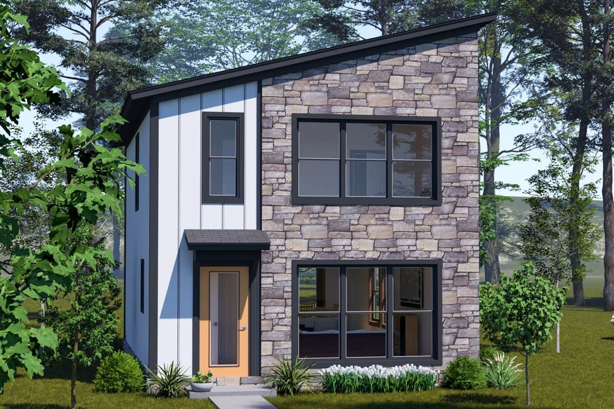 House plan exterior with two stories, stone veneer facade, a shed roof, and black framed windows.