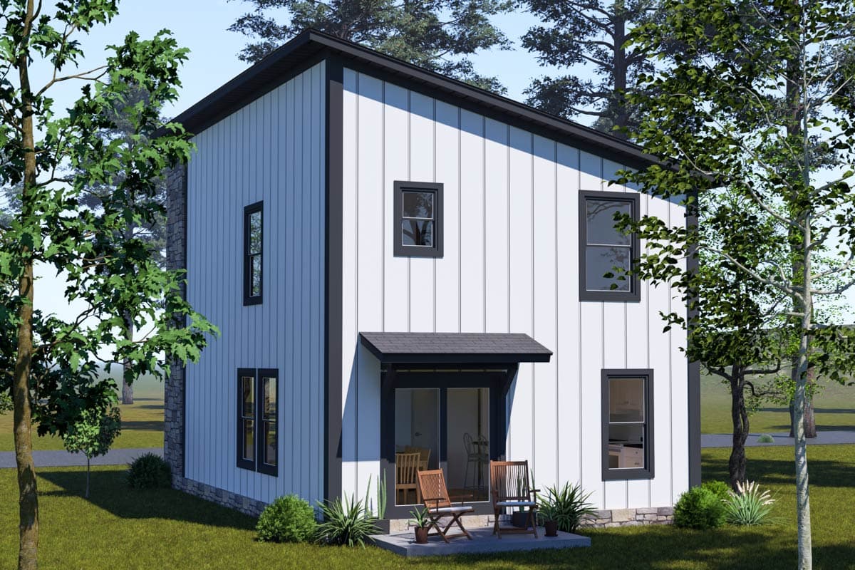 House plan exterior for a two-story modern home with vertical siding, stone base, dark-framed windows, and a small covered entry.