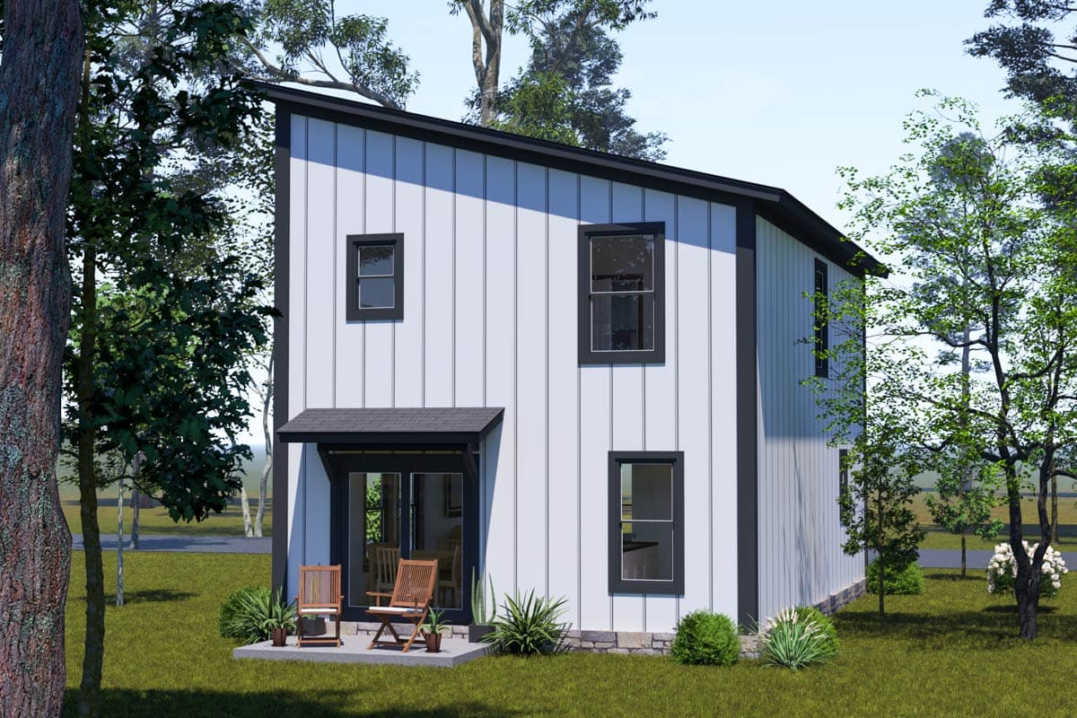 Modern house plan exterior with vertical siding, asymmetric roofline, covered entry, and multiple windows.