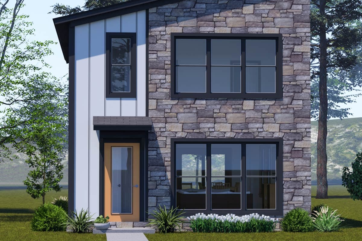 House plan exterior featuring stone facade, vertical siding, and multiple large windows on two stories.