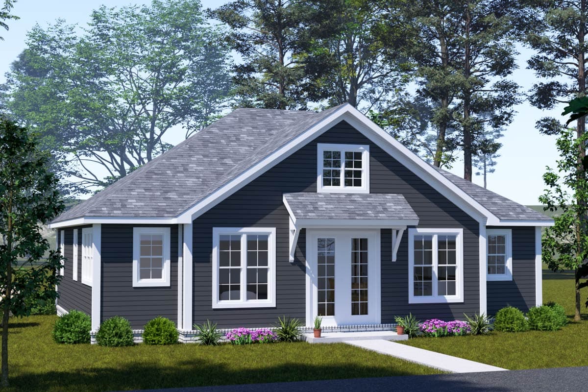 House plan exterior with gable roof, dormer, and small covered entry. Features symmetrical window placement and dark siding with white trim.